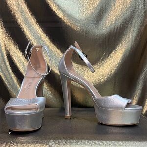 Stuart Weitzman Silver Metallic Platform Peep-Toe Ankle-Strap Heels